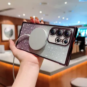 Gradient glitter magnetic phone case for Samsung with wireless charging support and camera protection.
