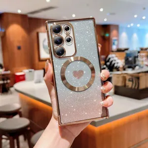 Magnetic glitter phone case with heart pattern and luxury gold electroplated frame for Samsung