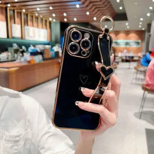 Coque de téléphone cœur électroplaquée avec lanière pour iPhone, étui souple de luxe.