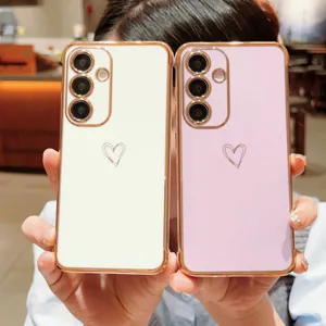 Coque de protection cœur galvanisée avec cadre or rose, compatible Samsung Galaxy.