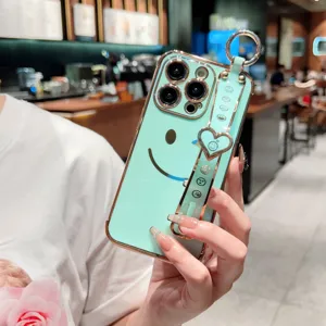 Coque de protection iPhone vert menthe cadre doré brillant visage souriant avec dragonne