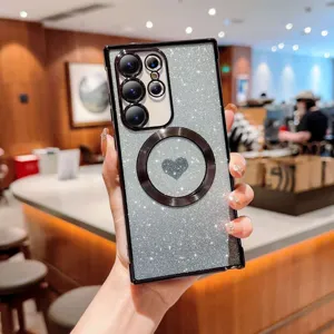 Glitter magnetic phone case detail view with cute heart design and sparkling silver finish.