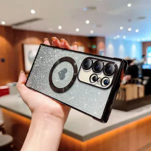 Glitter magnetic phone case with heart design and camera protection for Samsung models.