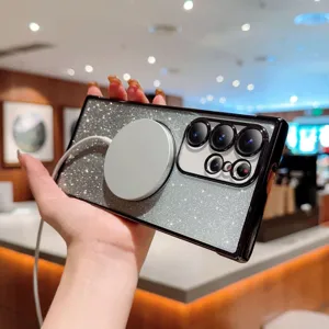 Magnetic glitter phone case compatible with Samsung, luxury sparkling gradient design protective cover.