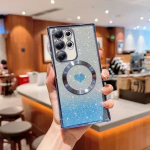 Gradient glitter magnetic phone case for Samsung with blue heart and camera protection cover