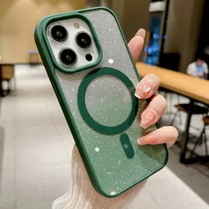 Detailed view of the magnetic glitter phone case featuring a green frame and ring.