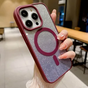 Detailed view of the luxury glitter magnetic phone case showing sparkle gradient back and ring.