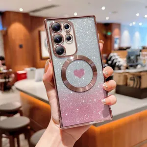 Glitter gradient MagSafe phone case with heart pattern for Samsung, stylish protective cover.