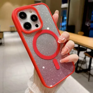 Glitter MagSafe phone case detail view, sparkling gradient finish with red protective frame.