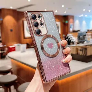 Luxury magnetic glitter heart phone case for Samsung Galaxy, gradient bling protective cover.