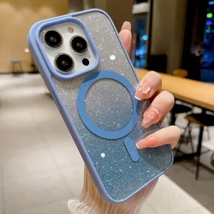 Glitter magnetic phone case with gradient design for iPhone, shockproof protective cover.