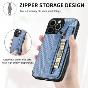 Blue woven texture phone leather case with zipper pocket and card slot for iPhone 15 Pro Max.