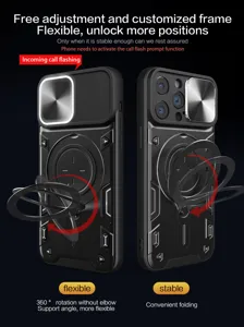 Robuuste magnetische telefoonhoes met cameraschuif en 360 graden draaibare ringstandaard.