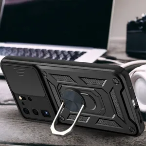 Detalles de la funda de teléfono antichoque negra con cubierta deslizante y soporte.