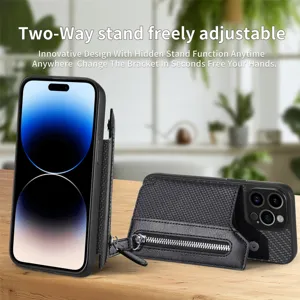 Carbon fiber texture wallet phone case featuring card slots, zipper pocket and kickstand design.