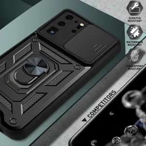 Detalle de funda de teléfono resistente con cubierta de cámara deslizante y anillo metálico.