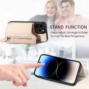Zipper wallet phone case with card slots and stand function for iPhone 15 Pro Max.
