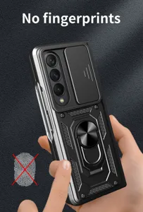 Rugged phone case for Samsung Z Fold 4 with sliding camera cover and ring kickstand.