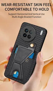 Carbon fiber texture phone case with card slot and multi-angle magnetic stand feature.