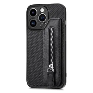 Black carbon fiber texture iPhone case with zipper card pocket wallet and practical stand design.