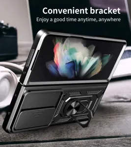 Protective case with ring stand and camera cover for foldable smartphone, durable and sleek design.