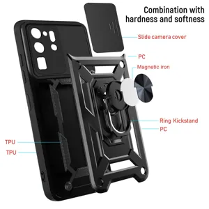 Vista detallada de la funda de teléfono resistente con cubierta deslizante y soporte de anillo.