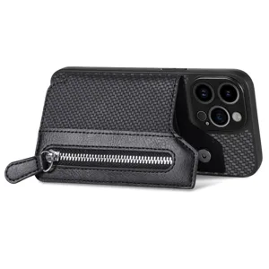 Close-up detail of the carbon fiber texture phone case with zippered card wallet pocket.
