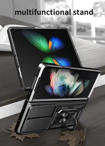 Foldable phone case detail showing camera slide cover and kickstand ring bracket feature.