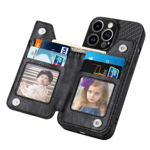 Detailed view of carbon fiber leather phone case with card slots and photo frames.