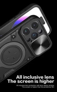 Gedetailleerd overzicht van het robuuste magnetische hoesje met schuifbare camerabescherming.