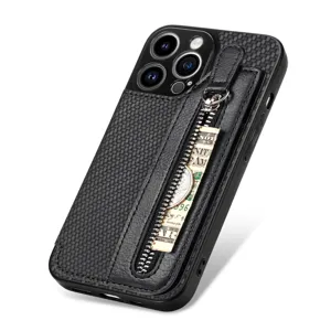 Black carbon fiber texture zipper wallet phone case for iPhone 15 Pro Max card holder