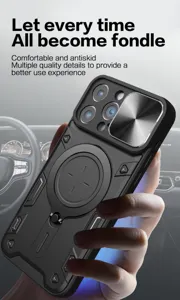 Zwarte magnetische telefoonhoes met cameraschuifklep en standaard voor je iPhone