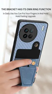 Detailed view of woven phone case with card slot and functional ring bracket stand.