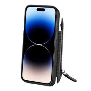 Carbon fiber texture wallet phone case with card slot and stand for iPhone 15 Pro Max.