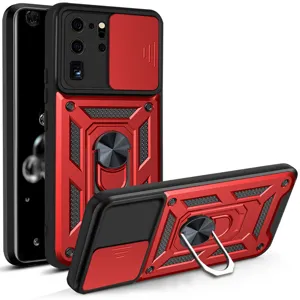 Funda robusta para teléfono con cubierta de cámara deslizante y soporte de anillo.