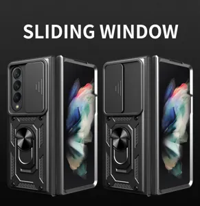 Rugged phone case with sliding camera cover and ring stand for Samsung foldable phones.