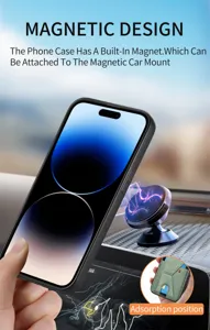Magnetische Hülle mit integriertem Magneten für Autohalterung und Kartensteckplatz.