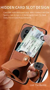 Detail view of multi-functional leather phone case with hidden card slot and secure stand.