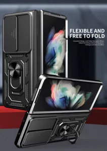 Rugged protective phone case detail featuring sliding camera cover and ring kickstand.