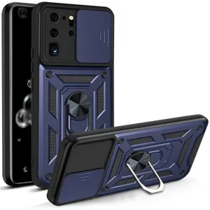 Vista detallada de funda protectora robusta con cubierta de cámara deslizante y soporte.