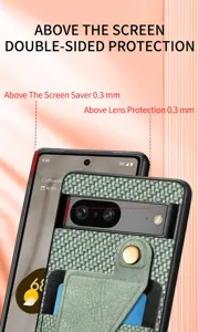 Détail coque Google Pixel texture tissée, compartiment cartes et protection objectif 0,3 mm.