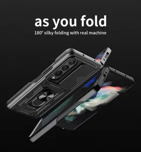 Detail view of the heavy-duty folding phone case with sliding camera cover and ring stand.