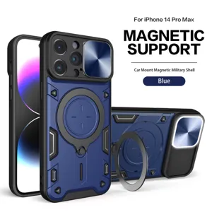 Stevige iPhone 14 Pro Max magnetische hoes met cameraschuifje en metalen ringstandaard.