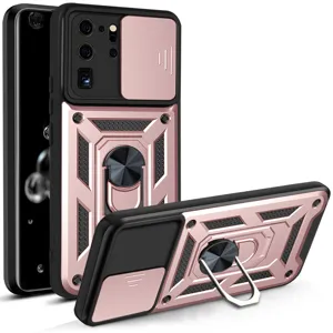 Vista detallada de funda protectora resistente con cubierta de cámara deslizante y soporte.