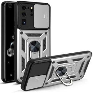 Detalle de funda protectora resistente con cubierta deslizante de cámara y soporte.