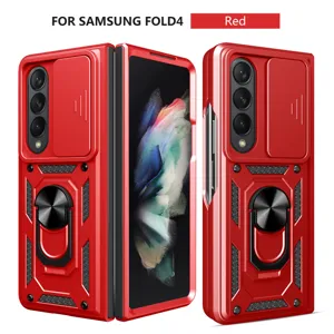 Detailed view of the red armor phone case with camera slide cover and ring stand feature.
