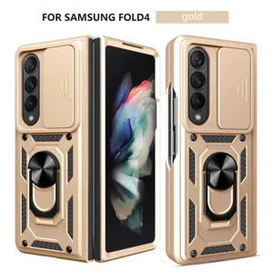 Gold protective phone case with camera slider and ring stand for Samsung Z Fold 4 device.