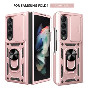 Rugged protective case for Samsung Galaxy Z Fold 4 with ring stand and slide camera cover rose gold