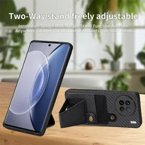 Multifunctional carbon fiber phone case with hidden kickstand and card slot for daily protection.