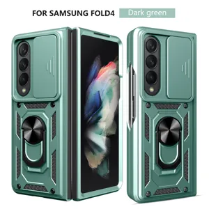 Dark green protective phone case for Samsung Z Fold4 with camera slide cover and ring holder